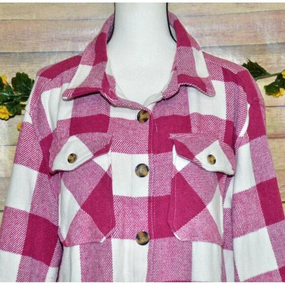 Plum Purple & White Plaid Shacket Jacket Ladies L Pockets Collared Warm Casual - Picture 4 of 12